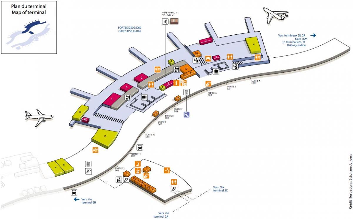 Mapa CDG aerodrom terminal 2D